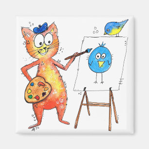 Aimant Whimsical Artist Cat Painting a Bird