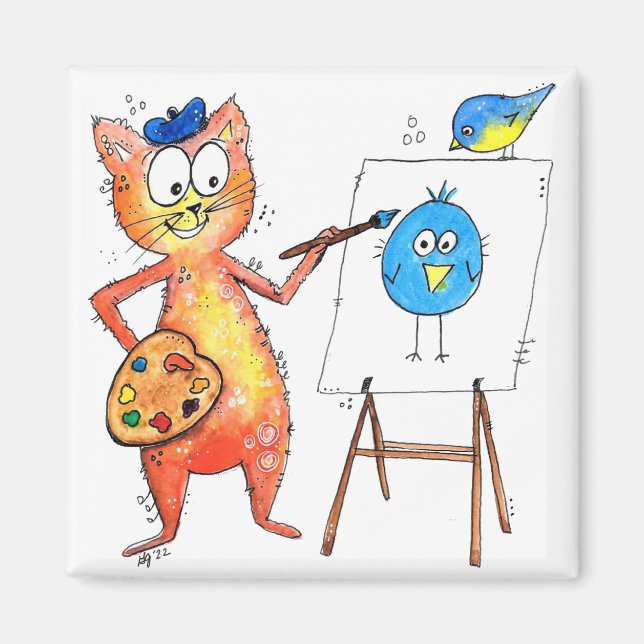 Aimant Whimsical Artist Cat Painting a Bird (Devant)