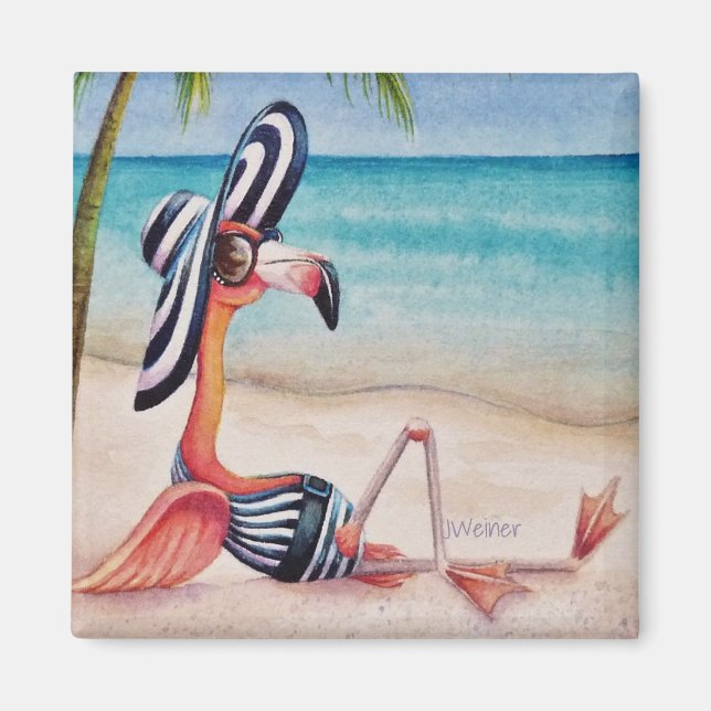 Aimant Whimsical Beach Babe Flamant rose rose no 1 (Devant)
