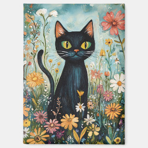 Aimant Whimsical Black Cat avec illustration Fleur sauvag