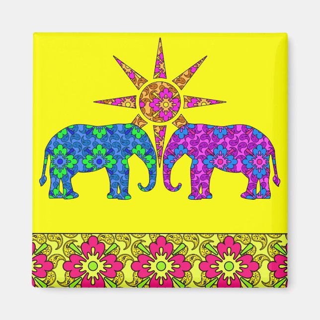 Aimant Whimsical Bright Coloré Paisley Elephants Jaune (Devant)