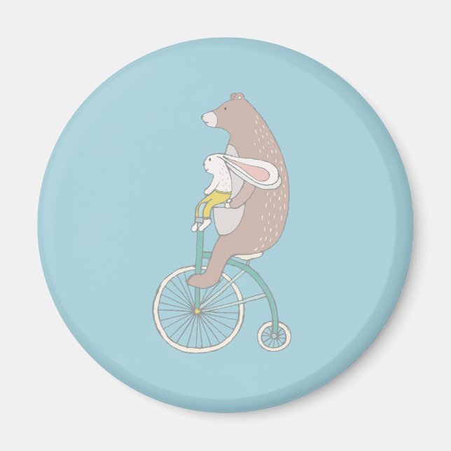 Aimant Whimsical Bunny and Bear Riding a Bike (Devant)
