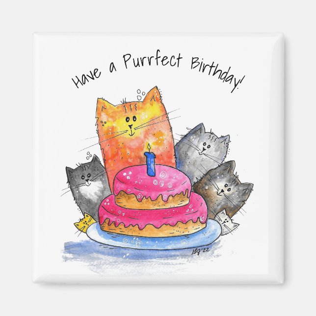 Aimant Whimsical Cats with Birthday Cake (Devant)
