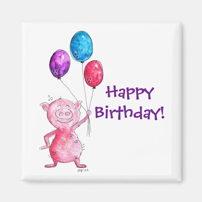 Aimant Whimsical Pink Pig with Balloons (Devant)