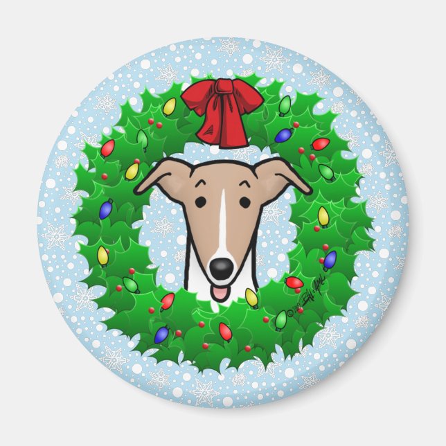 Aimant Whippet Wreath & Lights de Noël - Faune et blanc (Devant)