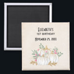 Aimant White and Gold Pumpkins Watercolor Birthday<br><div class="desc">Birthday favor or save the date magnet with fancy watercolor white pumpkins with accents of faux gold glitter. Surrounded by green leaves and pink wild flowers.</div>