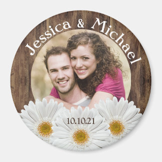 Aimant White Daisy Rustic Wood Photo Mariage Enregistrer
