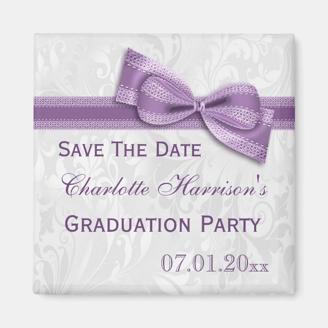 Aimant White Damask & Faux Bow Graduation Enregistrer La  (Devant)