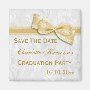 Aimant White Damask & Faux Bow Graduation Enregistrer La 