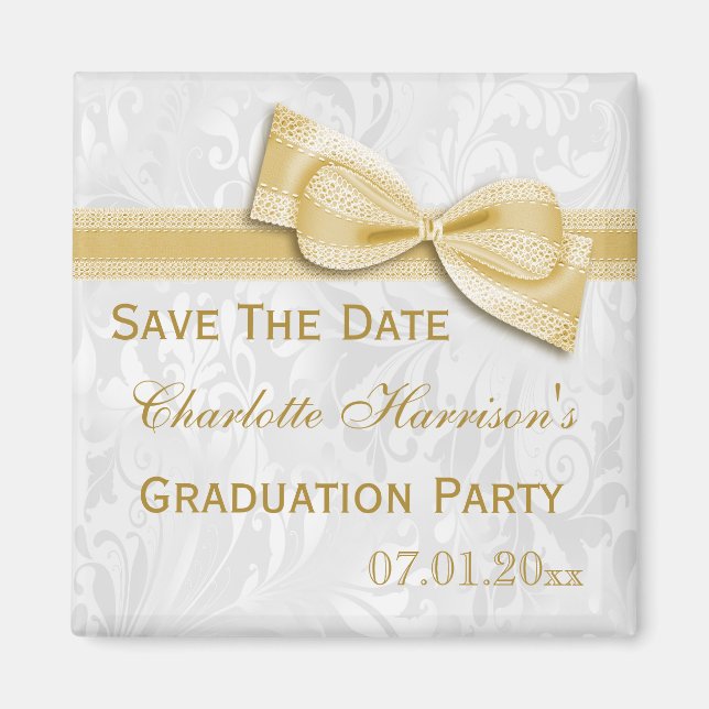 Aimant White Damask & Faux Bow Graduation Enregistrer La  (Devant)