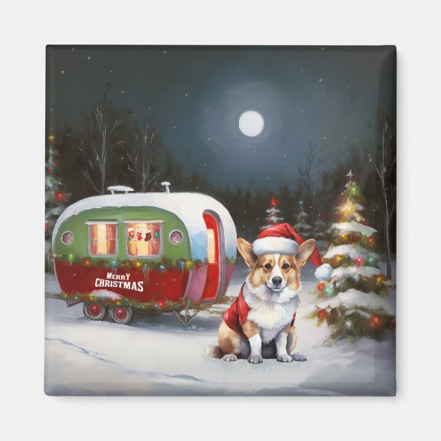 Aimant Winter Corgi Caravan Christmas Adventure (Devant)