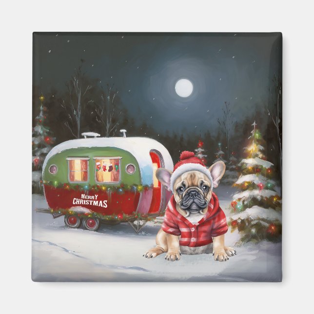 Aimant Winter French Bulldog Caravan Christmas Adventure (Devant)