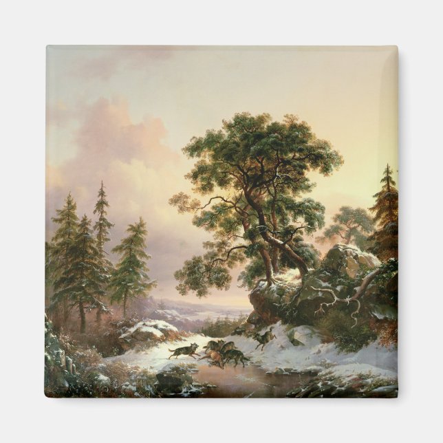 Aimant Wolves in a Winter Landscape (oil on panel) (Devant)