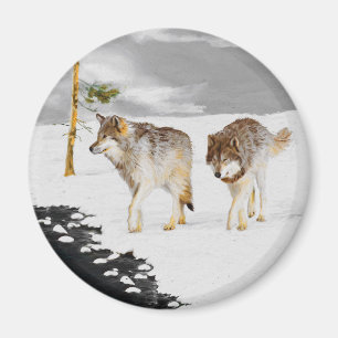 Aimant Wolves in Snow Painting - Original Wildlife Art