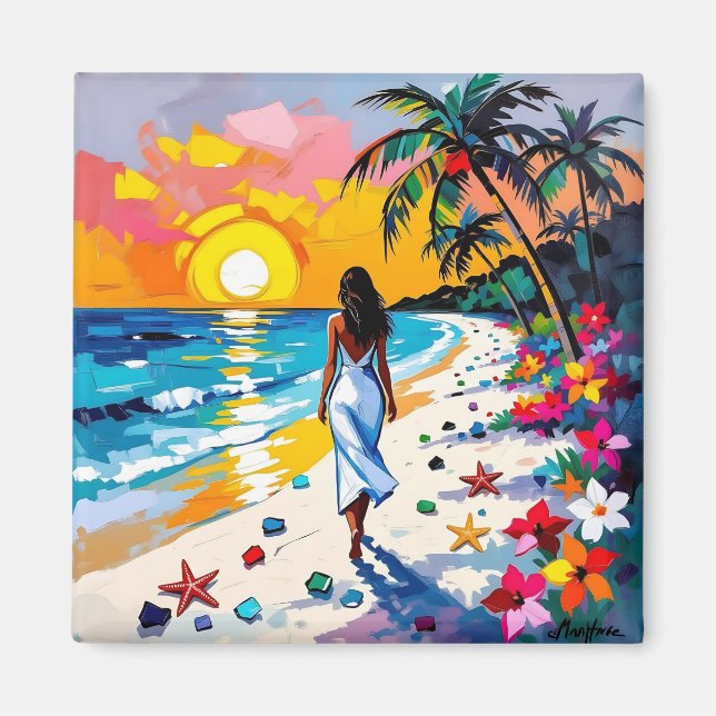 Aimant Woman on Beach Tropical Scene (Devant)