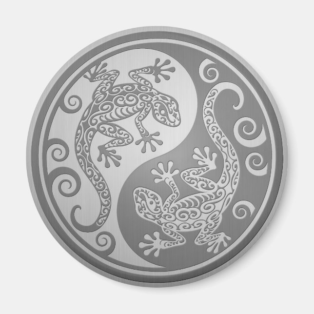 Aimant Yin Yang Geckos, Effet Acier Inoxydable (Devant)