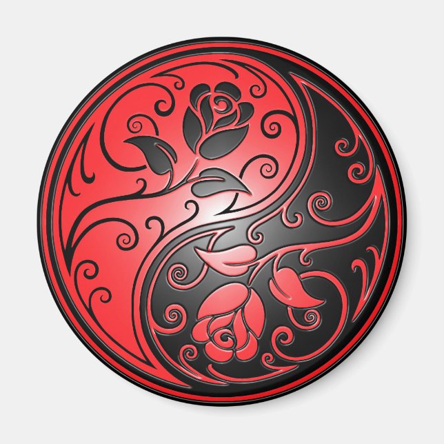 Aimant Yin Yang Roses, rouge et noir (Devant)