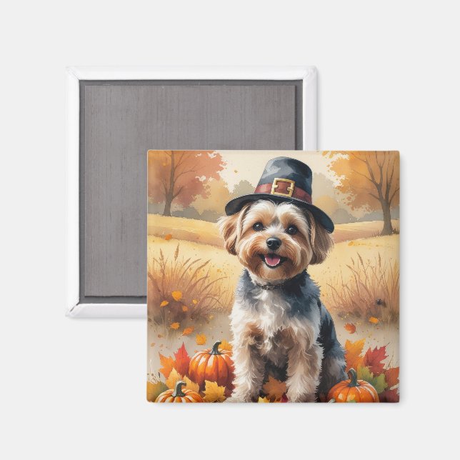 Aimant Yorkipoo À L'Automne Laisse L'Art Thanksgiving (Recto/Verso)