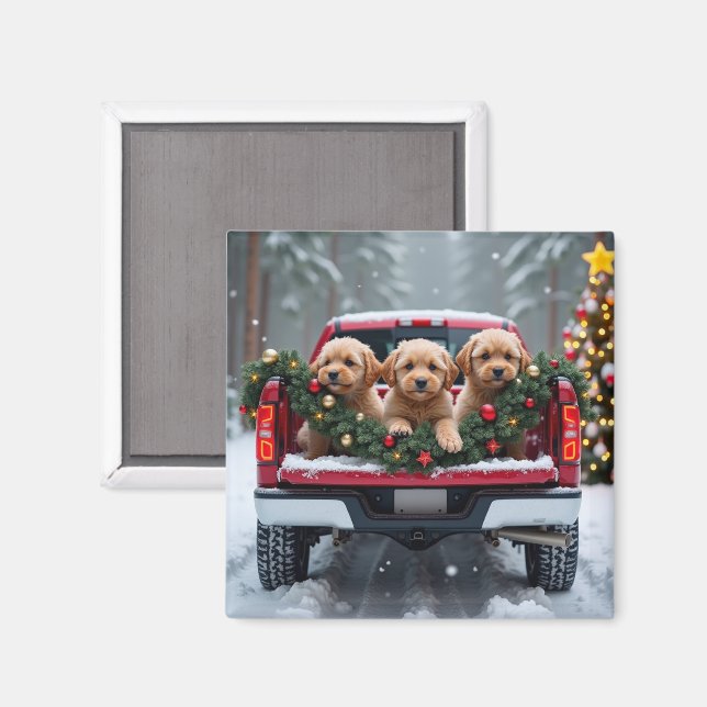 Aimant Yorkipoo Christmas Red Truck Holiday Gift (Recto/Verso)