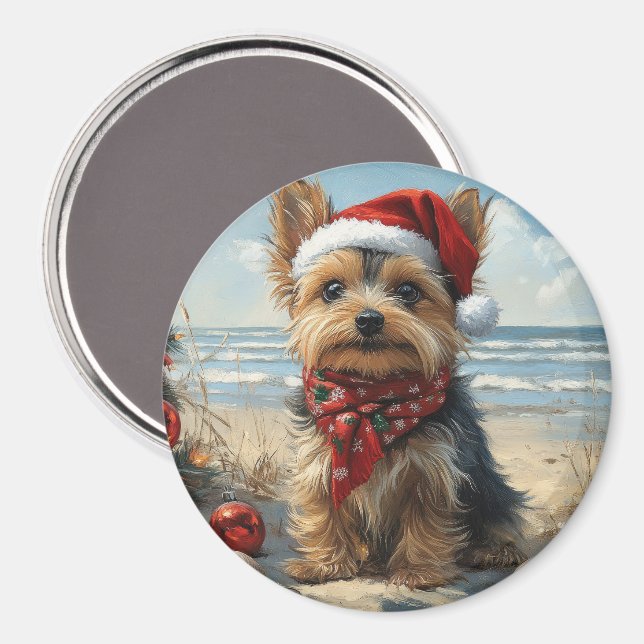 Aimant Yorkshire Terrier Chien Noël Plage Vintage (Recto/Verso)