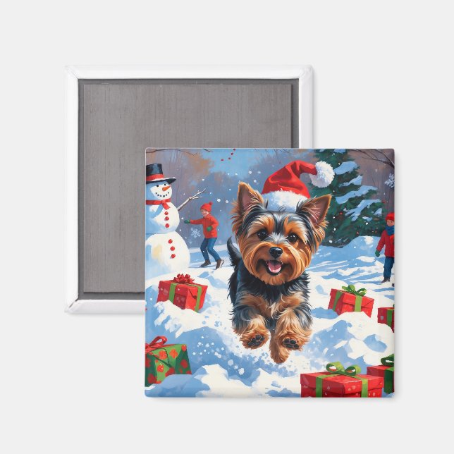 Aimant Yorkshire Terrier dans la neige avec un chapeau de (Recto/Verso)