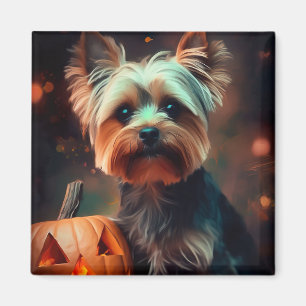Aimant Yorkshire Terrier d'Halloween avec des citrouilles