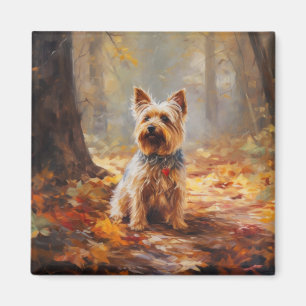 Aimant Yorkshire Terrier en automne feuilles tombantes in