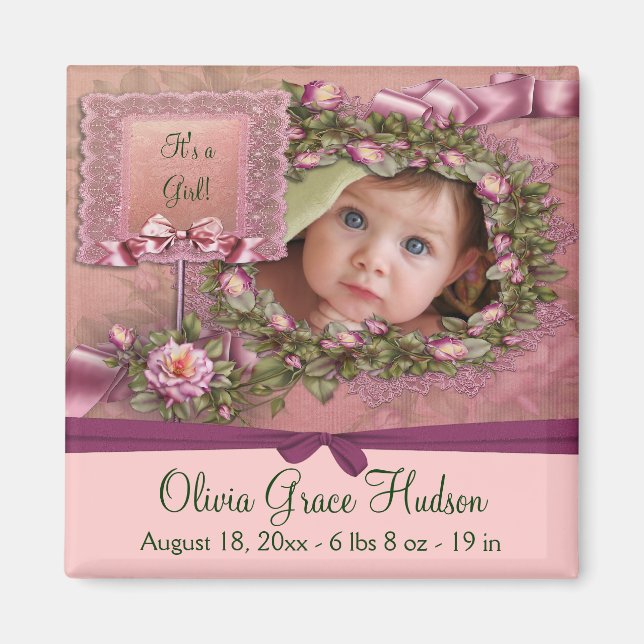 Aimants de naissance pour fille avec roses roses b (Devant)
