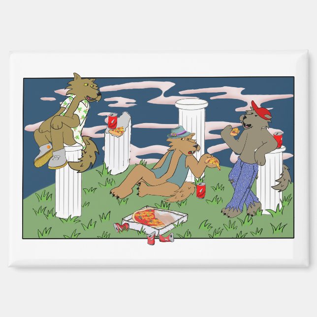 Aimants Loups-Garous Mangeant de la Pizza (Recto)