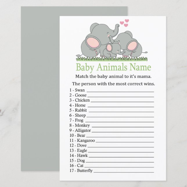 Aimer Eléphants Bébé Animaux Nom Jeu (Devant / Derrière)