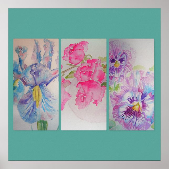 Aimer Fleurs Floral Aquarelle Turquoise Poster (Devant)