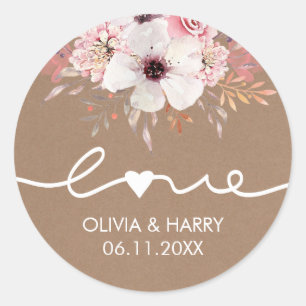 Aimer Floral Mariage Favoriser Stickers Kraft