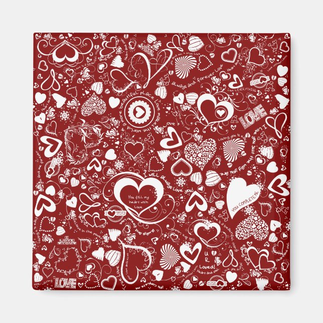 Aimer le coeur Doodles Rouge-Blanc-Carré Magnet (Devant)