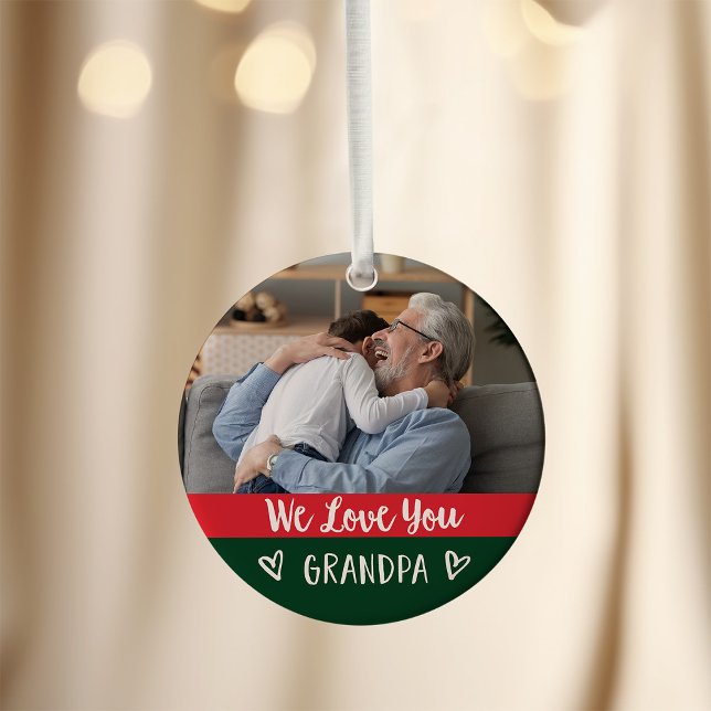 Aimez-vous grand-père | Couleur verte rouge bloc d (A colorful, modern red and green holiday ornament with two photos for your grandpa)