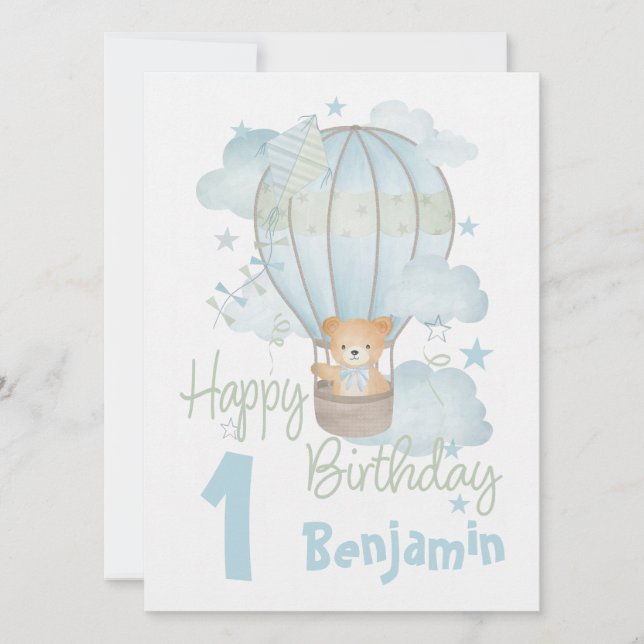 Air Balloon avec carte postale bleu Teddy Birthday (Devant)
