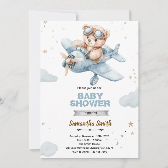 Airplane Bear Baby Shower Invitation (Devant)