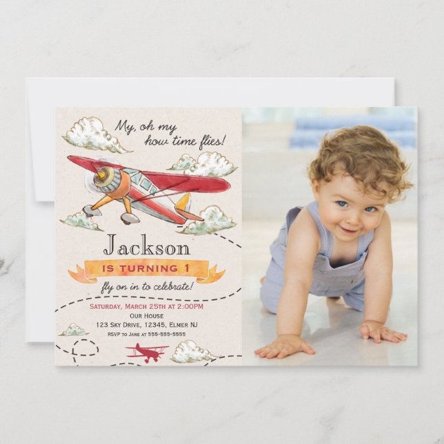 Airplane Birthday Photo Invitation Vintage Plane (Devant)