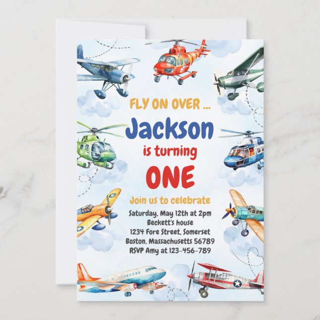 Airplane Fly On Over Boy Birthday Invitation (Devant)