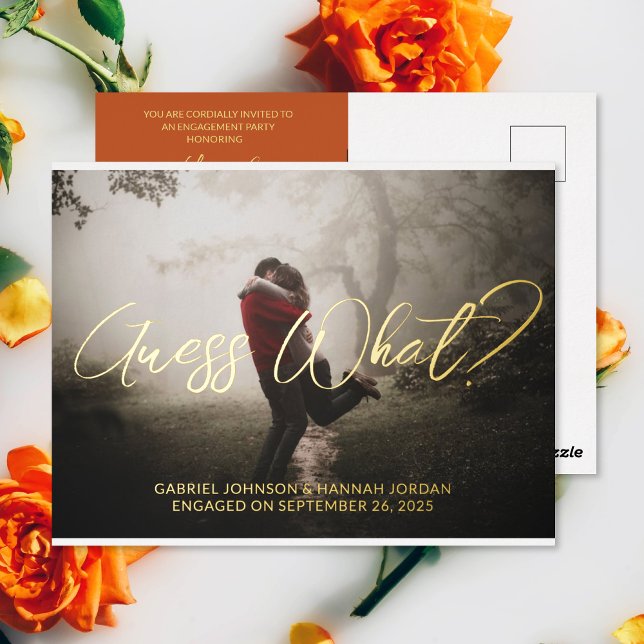 Ajouter la carte postale Invitation de la partie d (The front and back of the Add Photo Terracotta Engagement Announcement and Party Invitation postcard)