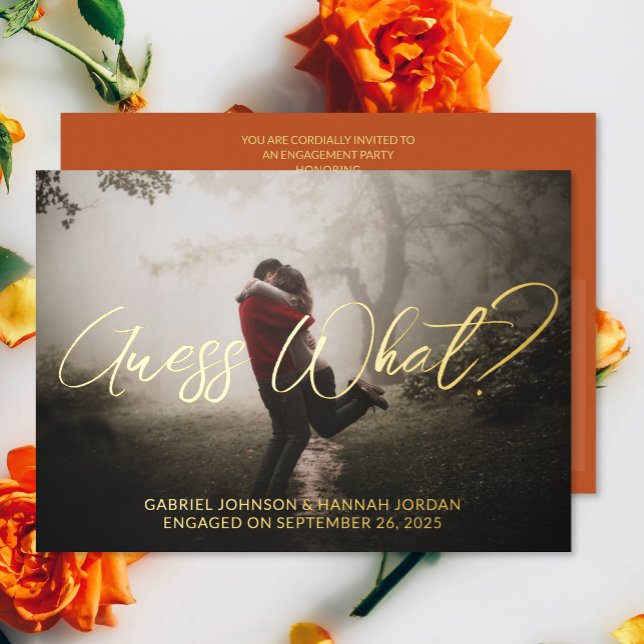 Ajouter Photo Foil Engagement Party Invitation (The front and back of the Add Photo Terracotta Engagement Announcement and Party Invitation)