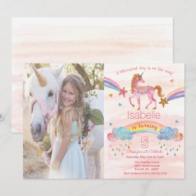 Ajouter Photo Rainbow Unicorn Invitation Anniversa (Devant / Derrière)
