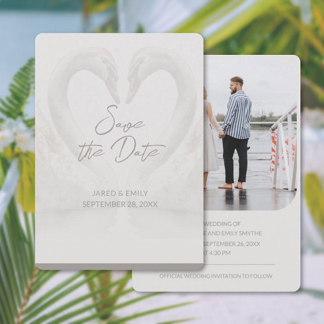 Ajouter photo Swan Wedding Enregistrer les cartes  (Add Photo Swan Wedding Save the Date Card (front and back))