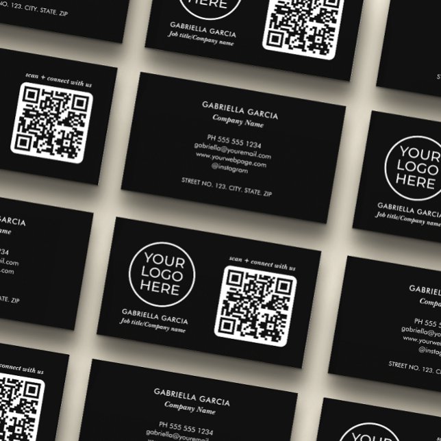 Ajouter un Carte de visite de logo noir de code QR (Card shown in standard size.)