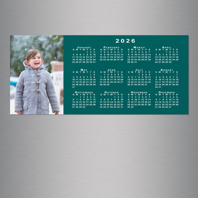 Ajouter votre photo 2026 Calendrier sur Magnet Tur (Add Your Photo 2026 Calendar on Teal Magnet in situ)