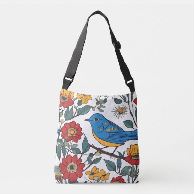 Ajustable Blue Bird Folk Art Sac fourre-tout Floral (Devant)