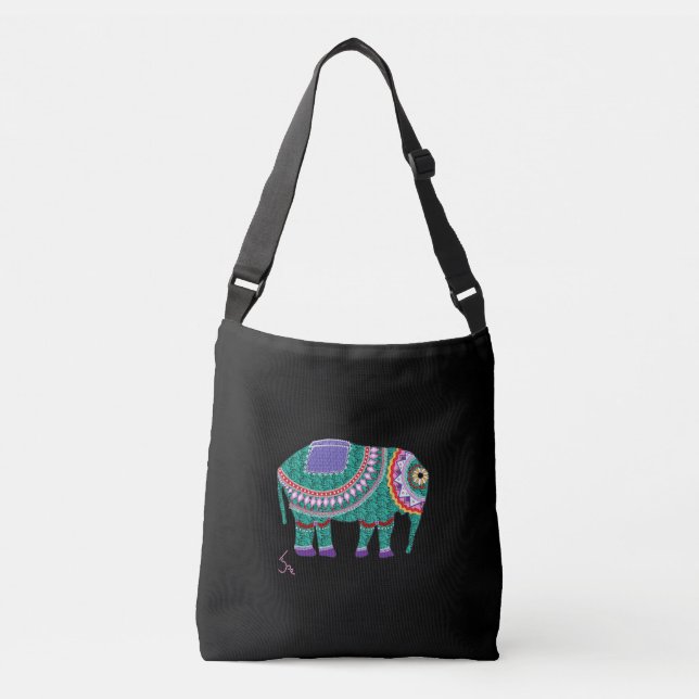 Ajustable Eléphant orné, Sac Corps Croix Noire (Devant)