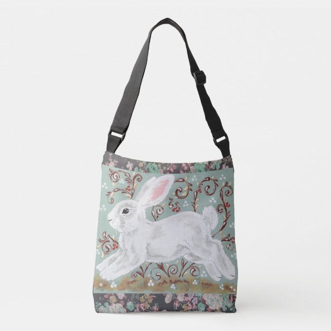 Ajustable Lapin Blanc Lapin Floral Aqua Cross Body Sac fourr (Devant)