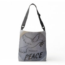 Le sac présente une colombe de la paix et des écri