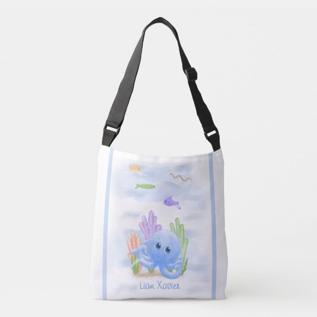 Ajustable Petit Sac Bandoulière Pieuvre Bleue (Devant)