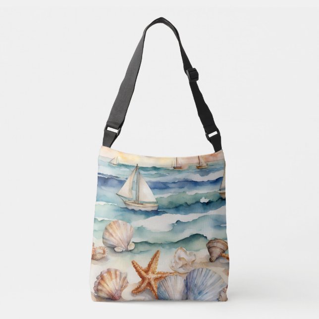 Ajustable Sac à main thème coquillages étoiles de mer plage (Devant)